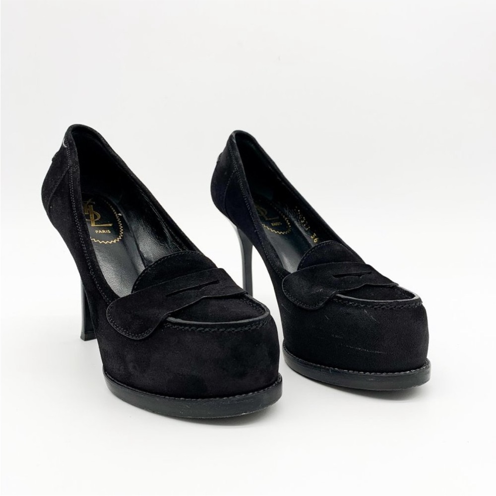YSL Tribtoo Black Suede Moccasin Stiletto